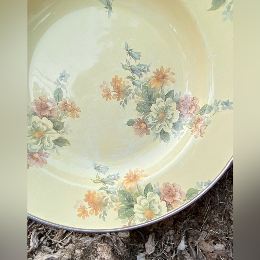 Three Mackenzie-Childs Vintage Enamel Floral Bowls in Apricot Green & Cream - Picture 3 of 10